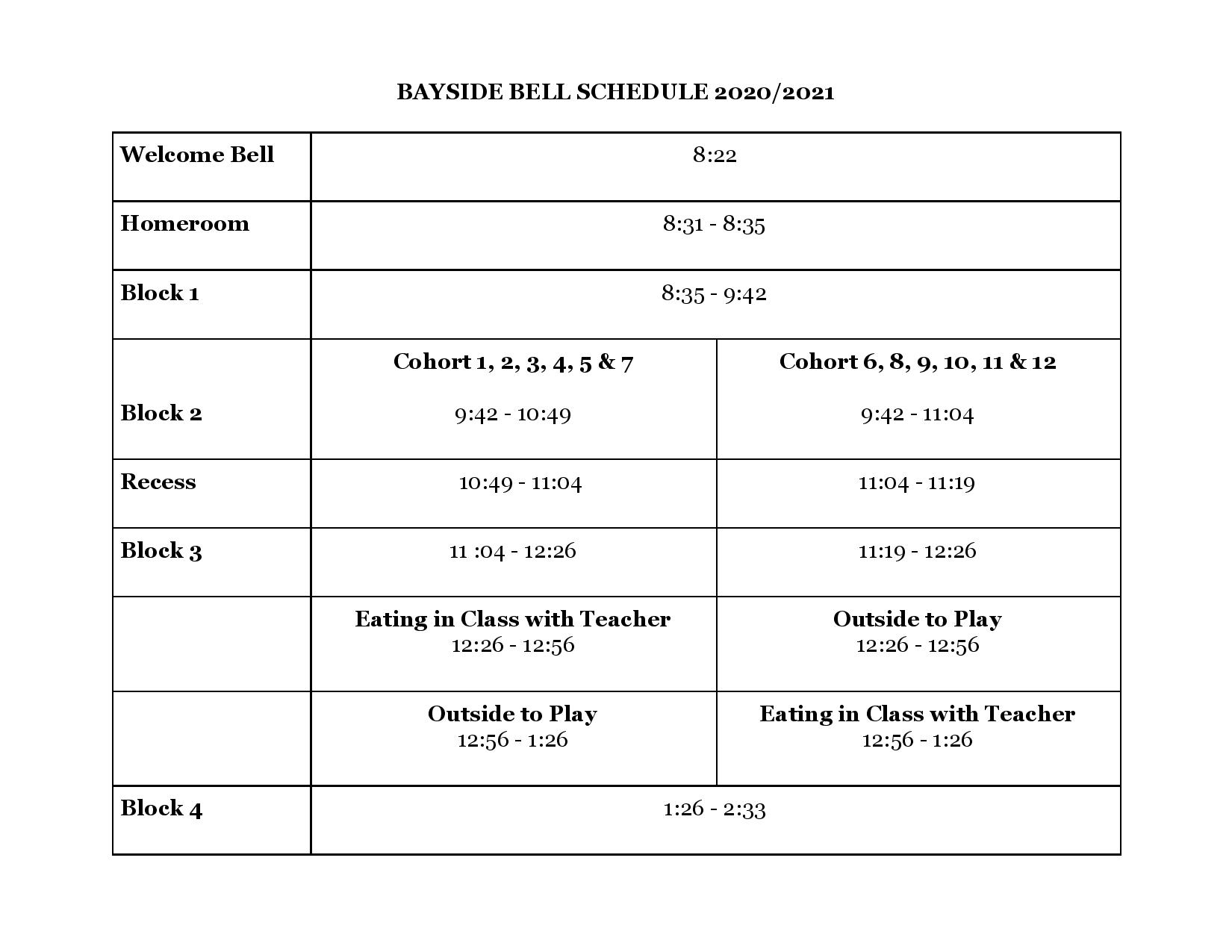 Bayside Bell Schedule Updated